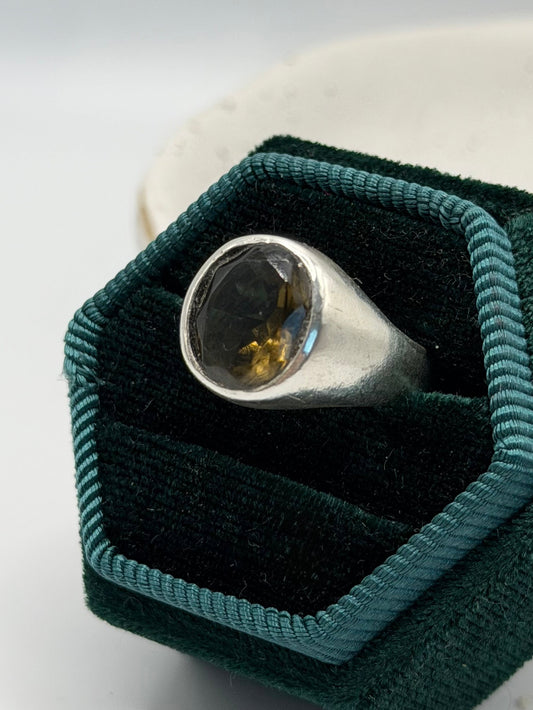 One-of-a-kind smoky quartz signet ring from the Stone + Silver collection by Wild One Jewellery, featuring a translucent smoky brown gemstone set in a sterling silver signet setting.